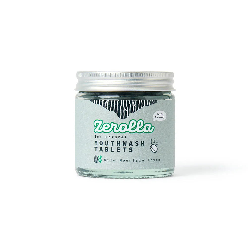 Jar of Zerolla mouthwash tablets on a white background