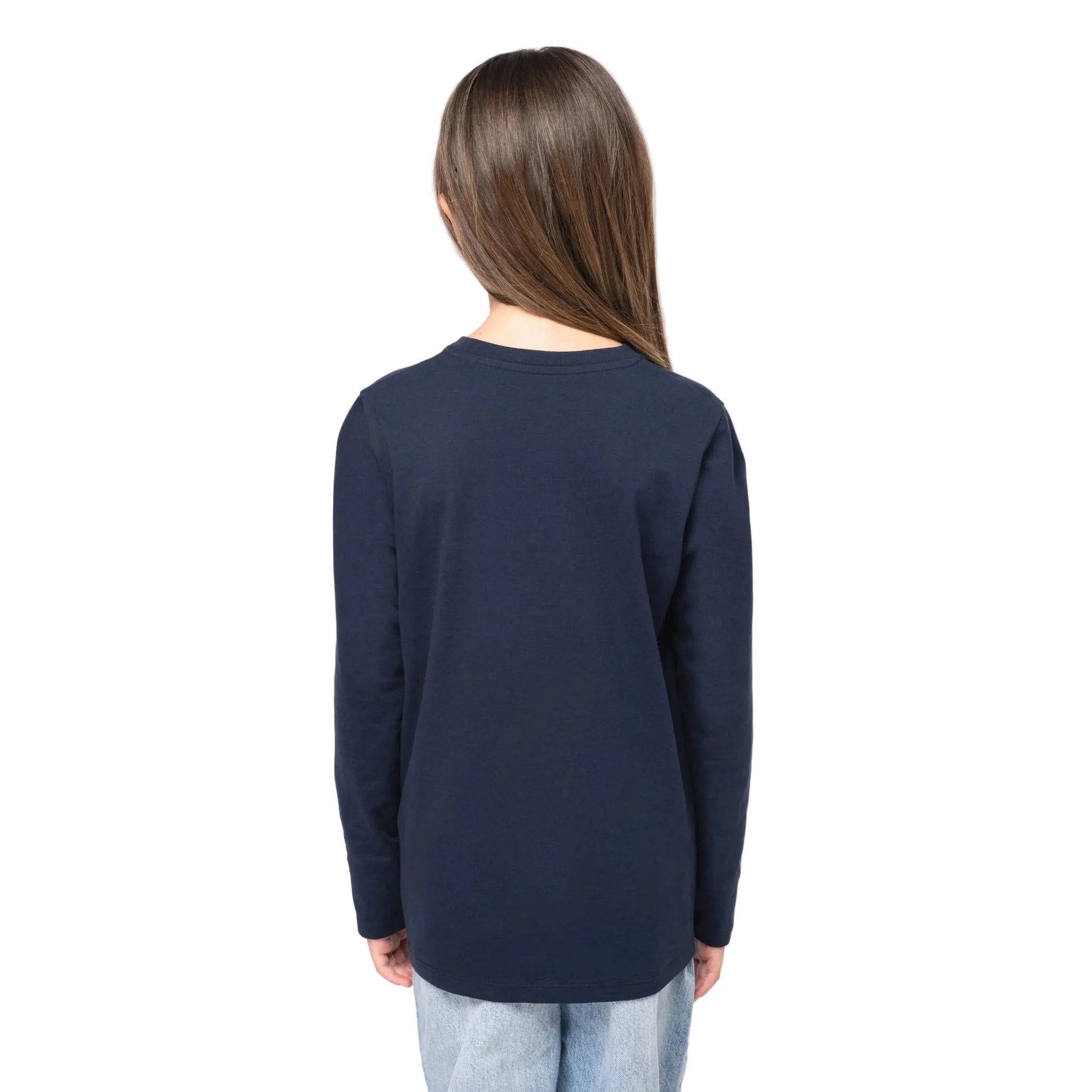 Person wearing a navy long-sleeve shirt on a white background