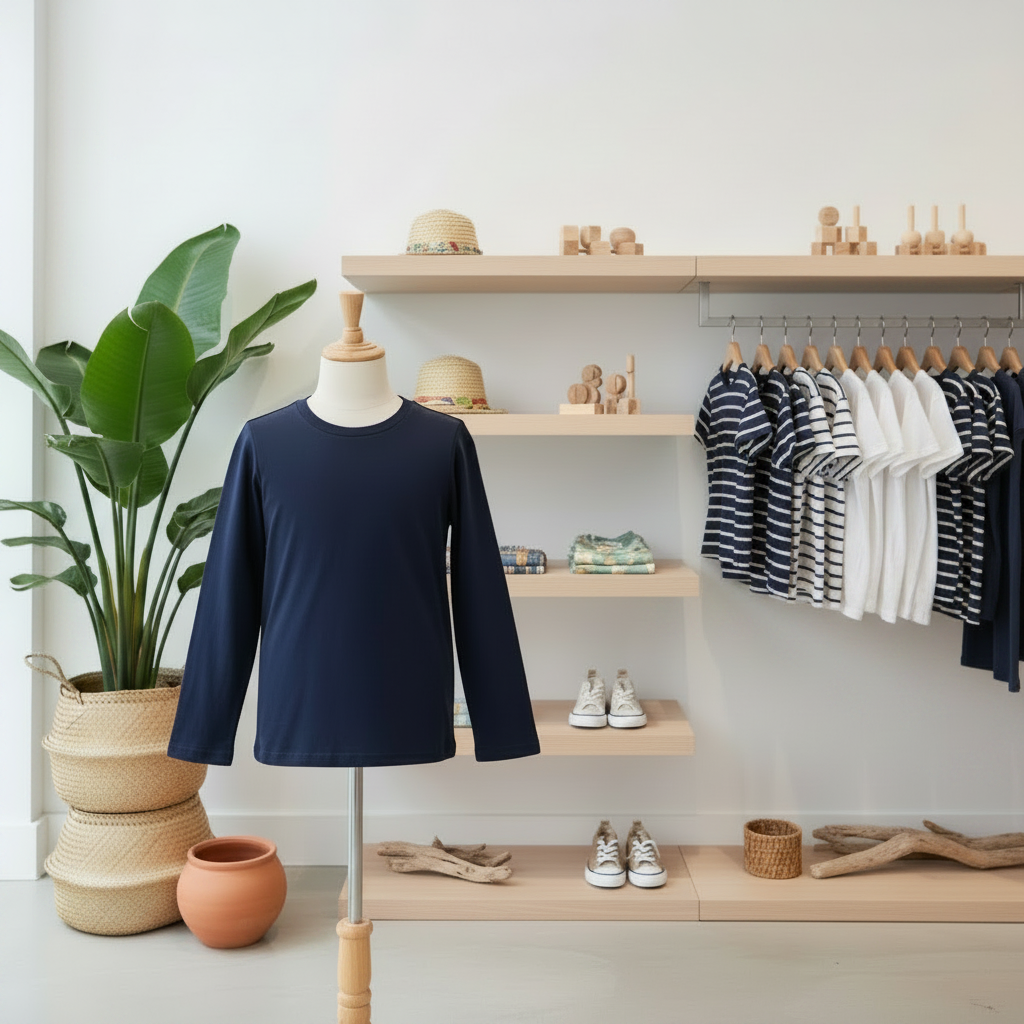 A navy blue organic cotton kids T-shirt on display in a kids' clothing shop