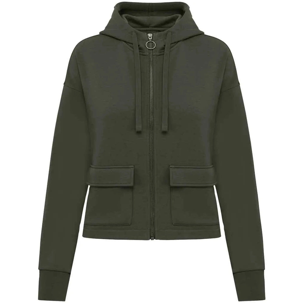 Green hoodie with front zipper on a white background
