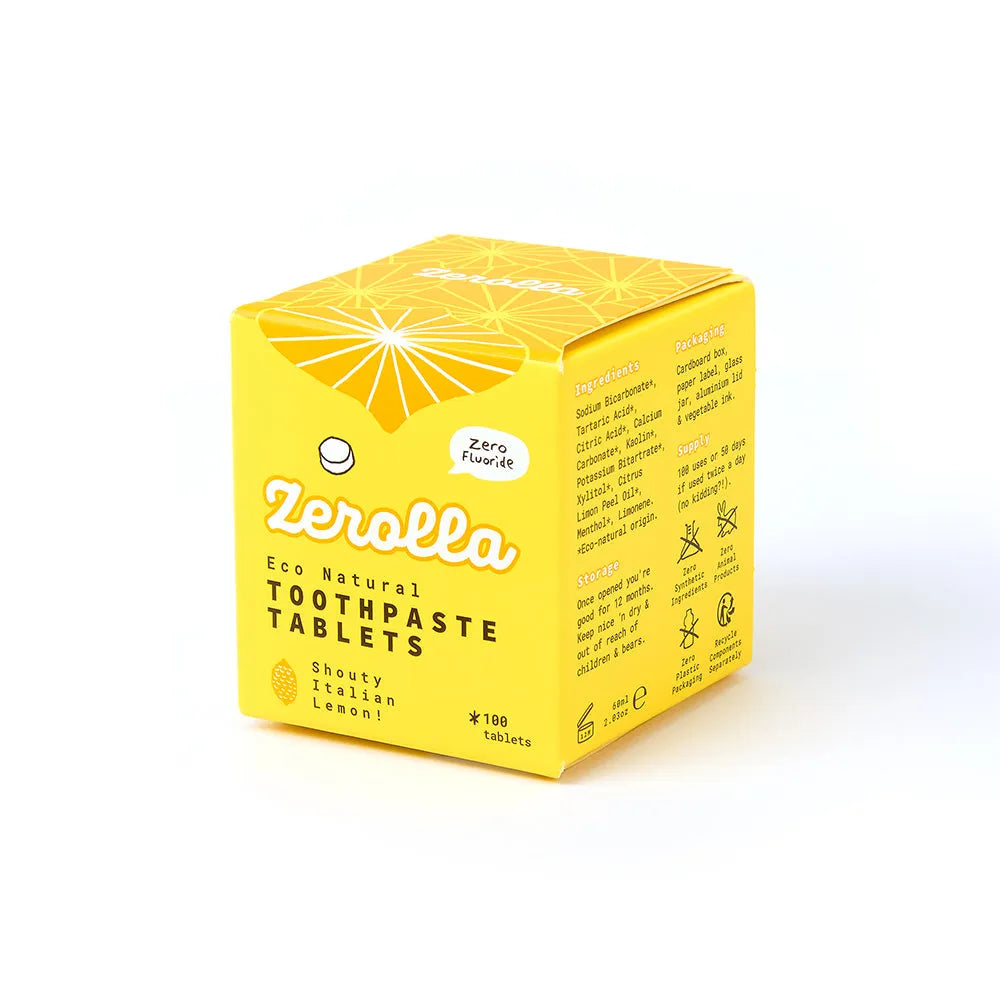 Yellow box of Zerolla eco natural toothpaste tablets on a white background