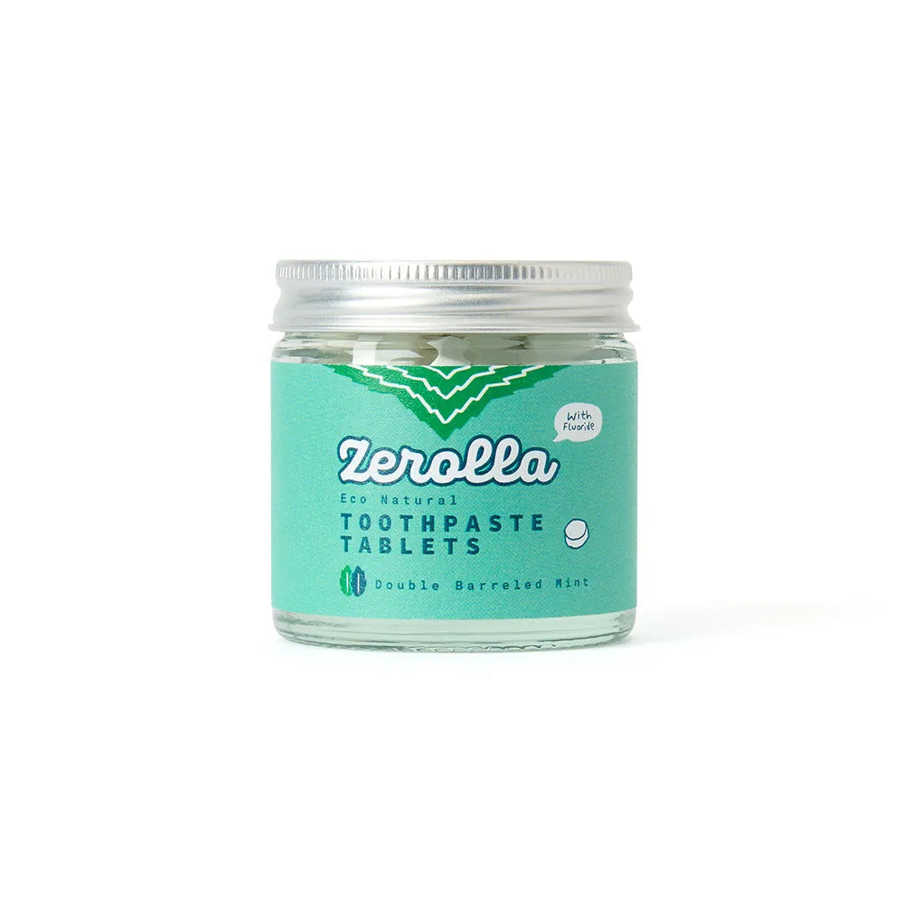 Jar of Zerolla toothpaste tablets on a white background