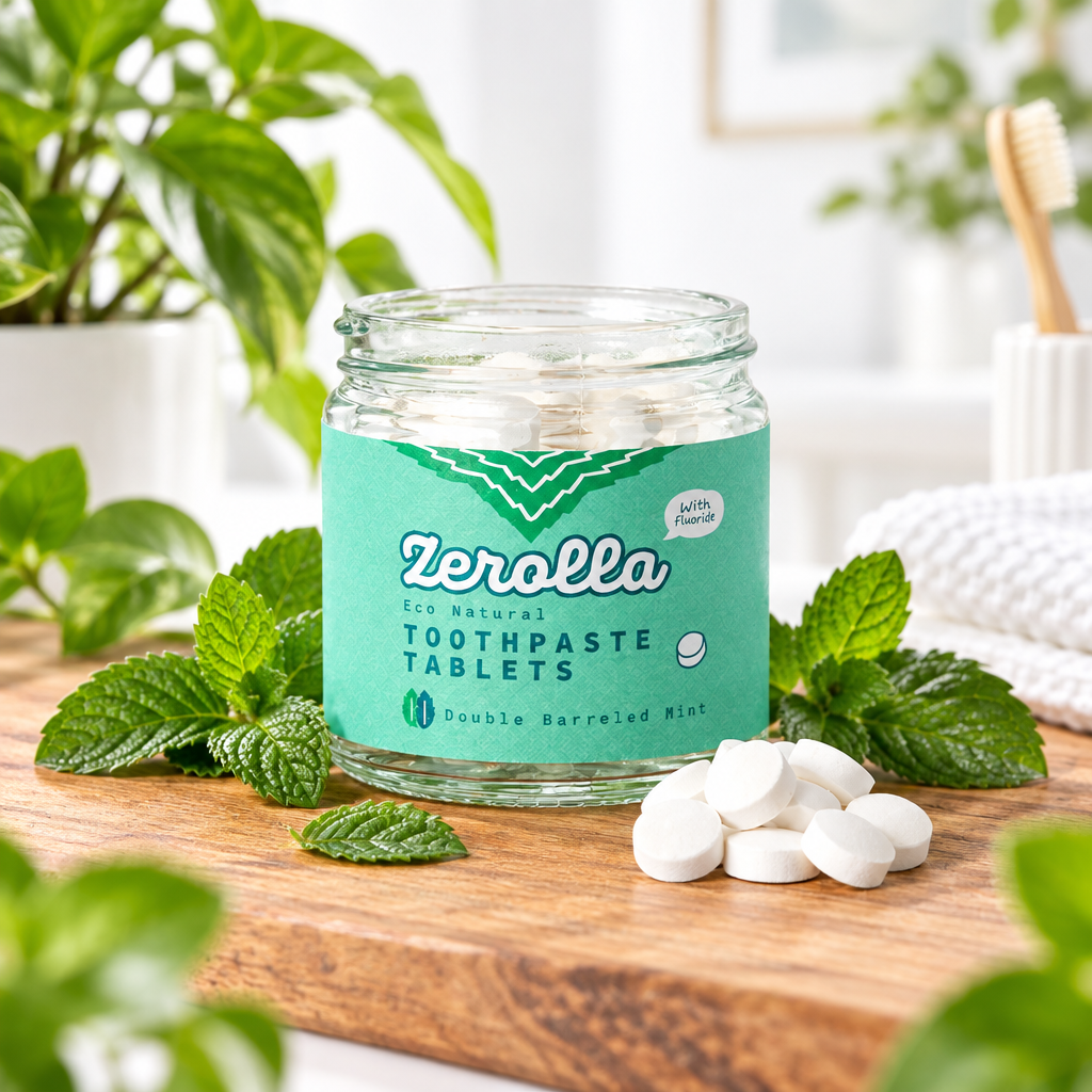A glass jar of Zerolla eco natural toothpaste tablets on a wooden board, surrounded by fresh mint leaves and a few white tablets, with a blurred bathroom background.