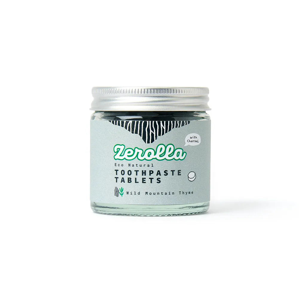 Jar of Zerolla toothpaste tablets on a white background