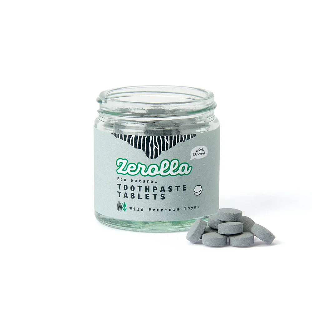 Jar of Zerolla toothpaste tablets on a white background