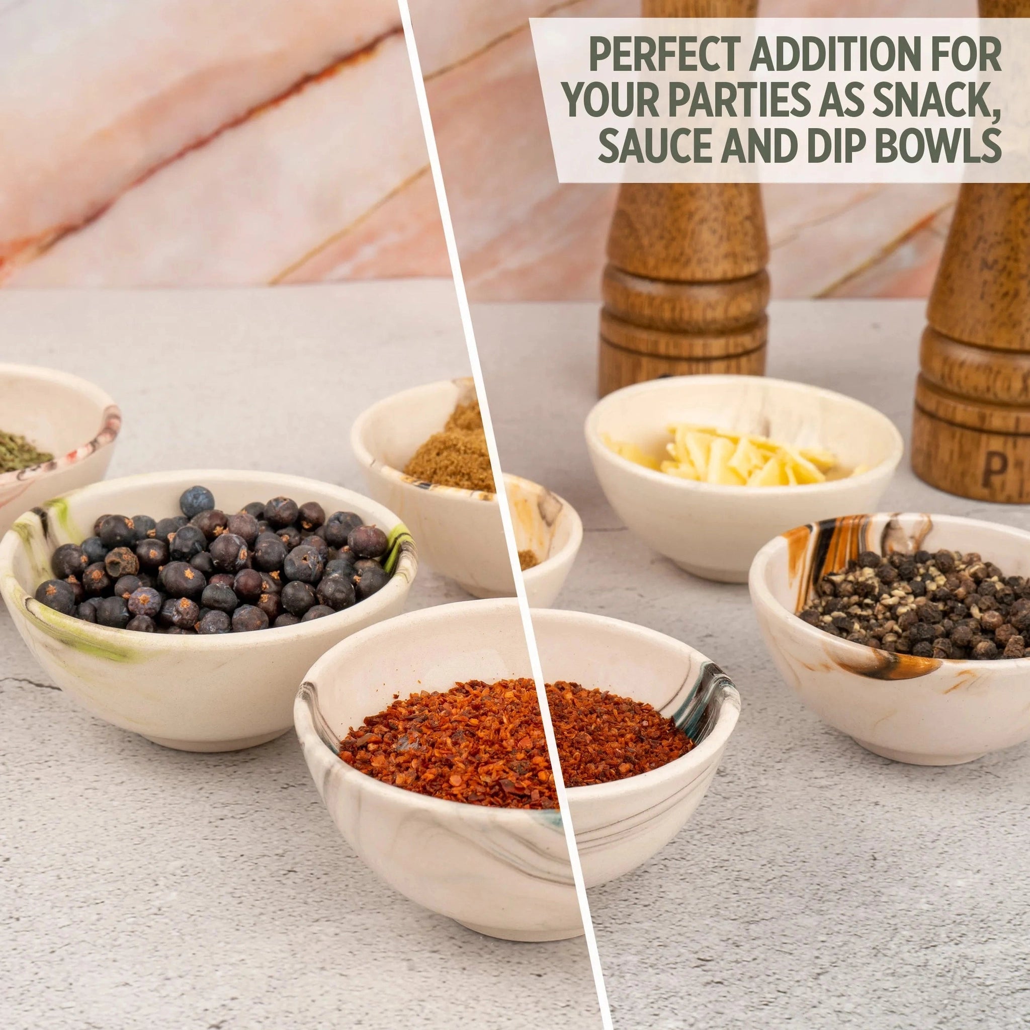 Set of six Bascuda ceramic dip bowls in marbled design, packaged in a sleek gift box.