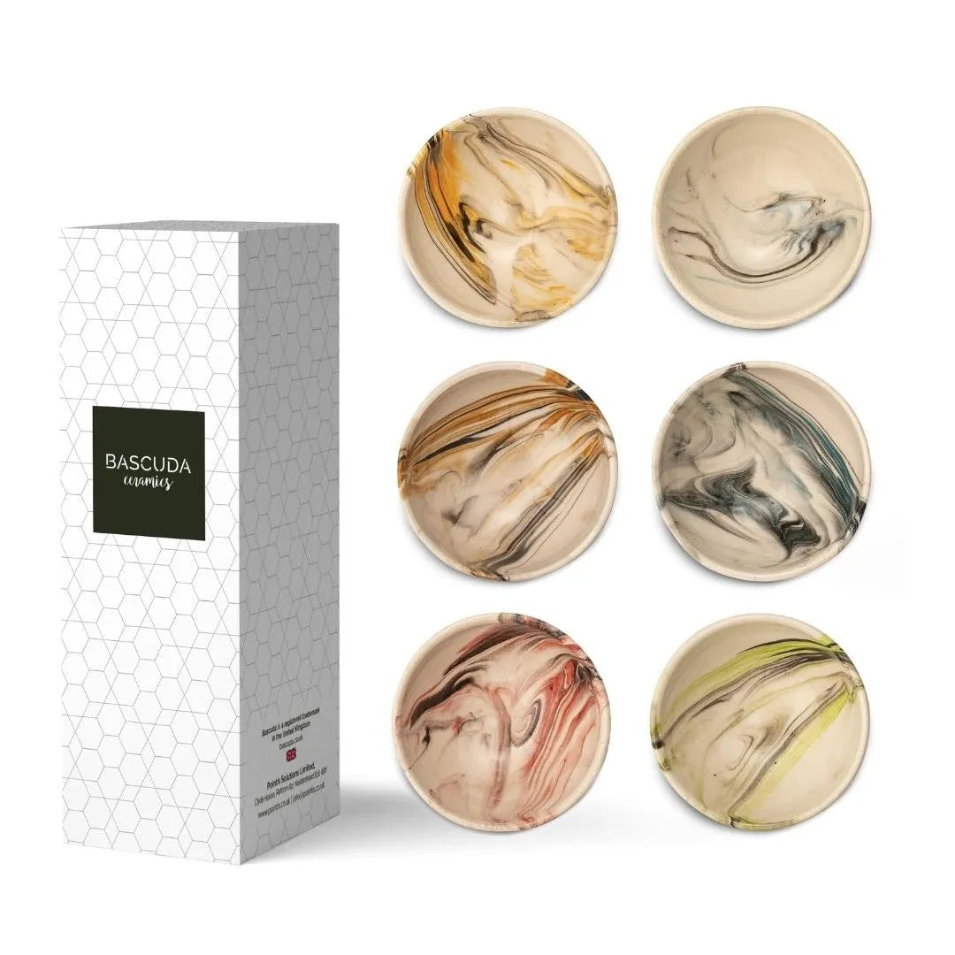 Elegant Bascuda marbled ceramic dip bowls with rich earthy tones, packaged in a stylish box
