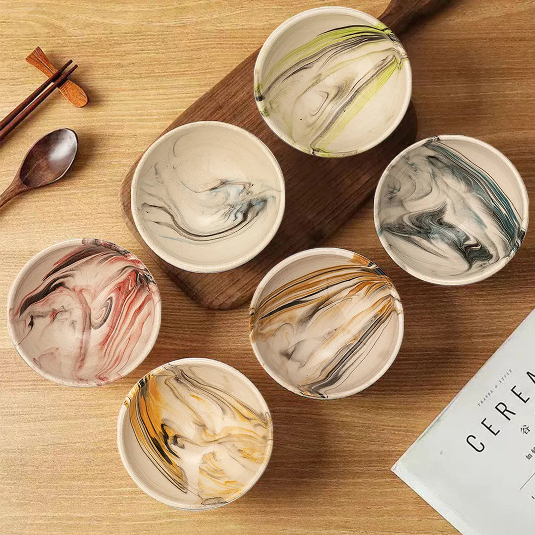 Bascuda Ceramic Bowls – Set of six unique, marbled dip bowls with bold hues and elegant design.