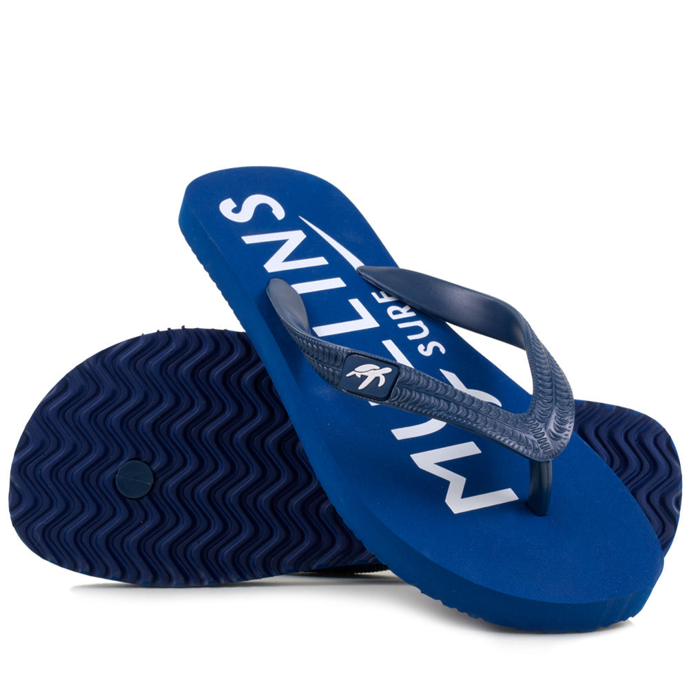 Blue flip-flops with white text on a white background