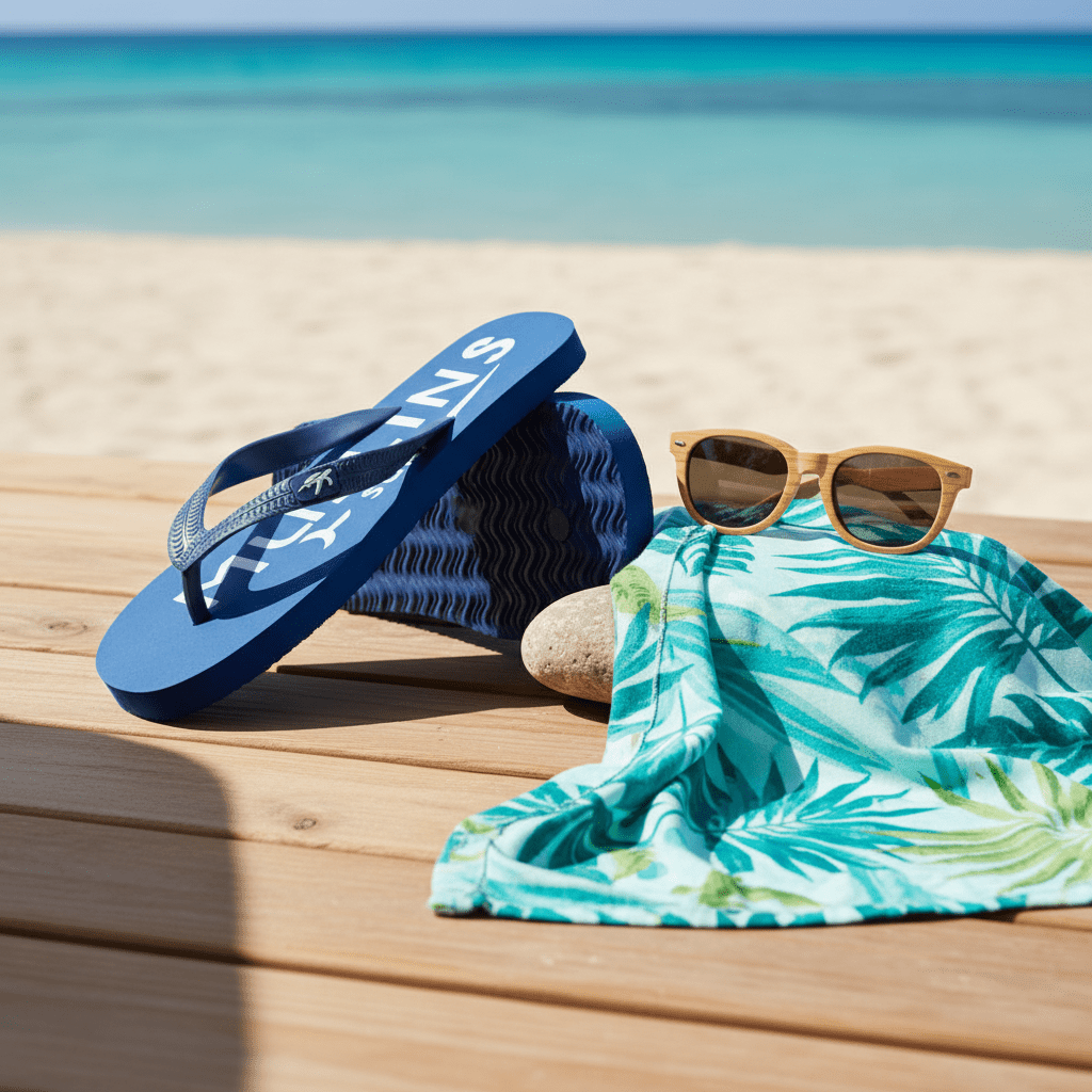 Blue flip-flops, sunglasses, and a tropical towel on a wooden surface with a beach background.