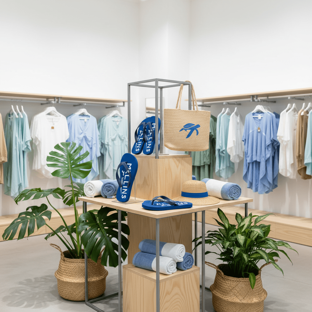 Store interior with clothing racks, shoes, and plants.