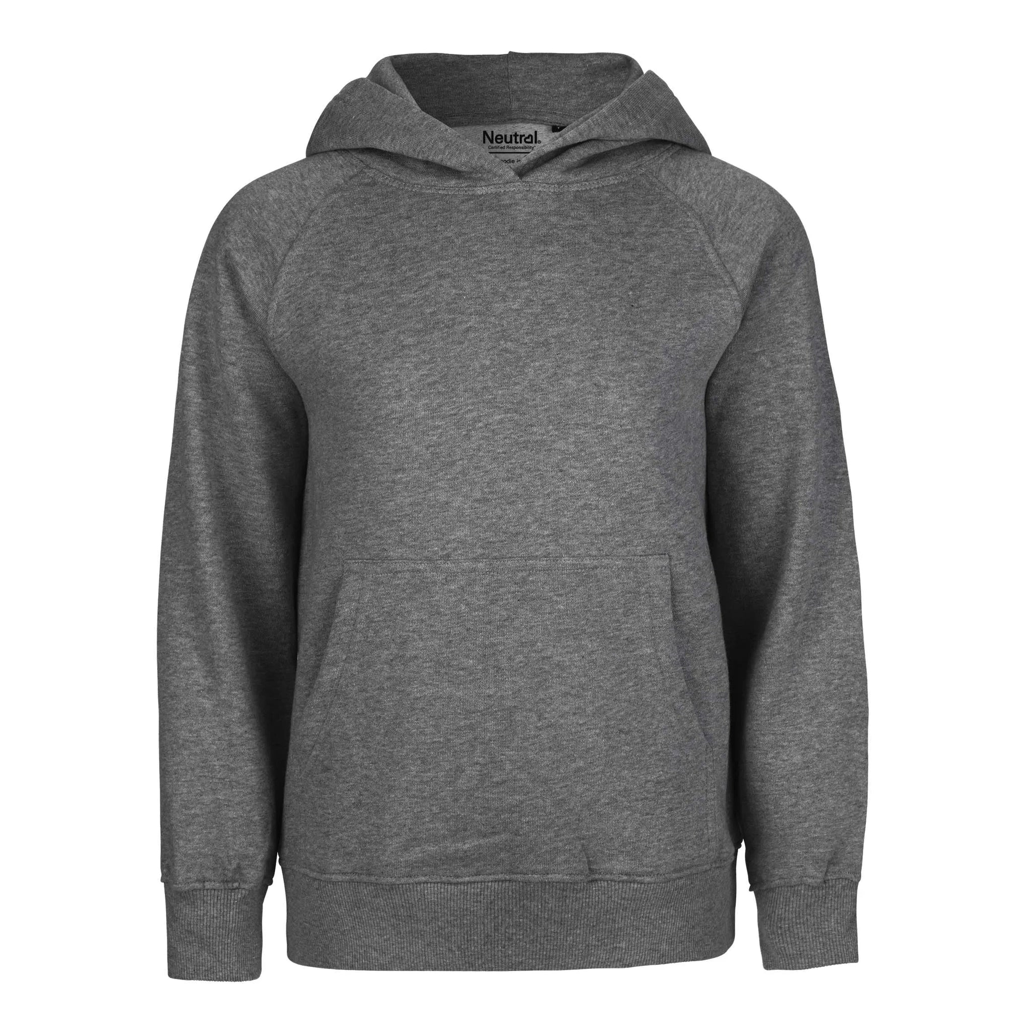 Gray hoodie with a brand logo on a white background