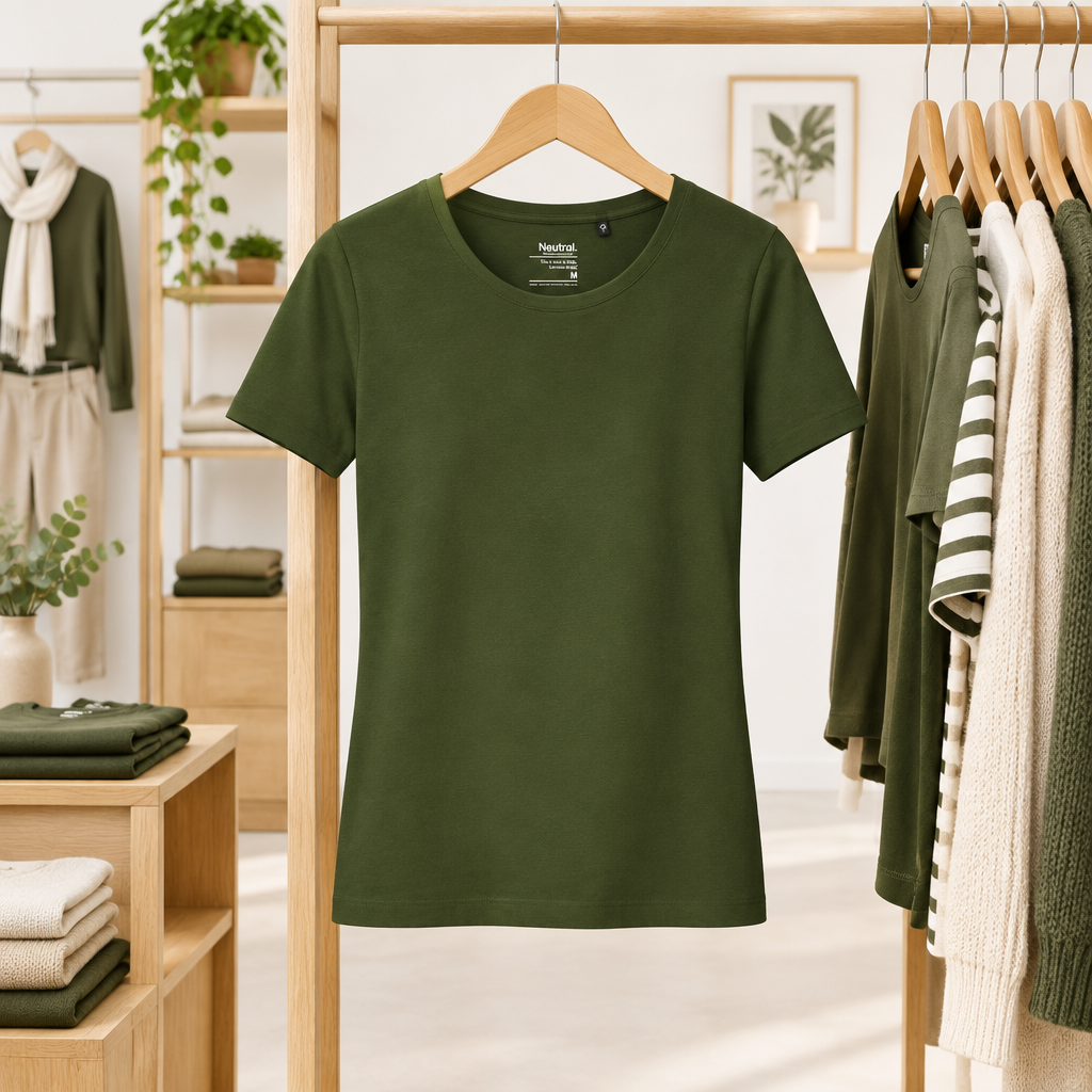An olive green short-sleeve crewneck t-shirt hanging on a wooden hanger from a clothing rack in a boutique setting.