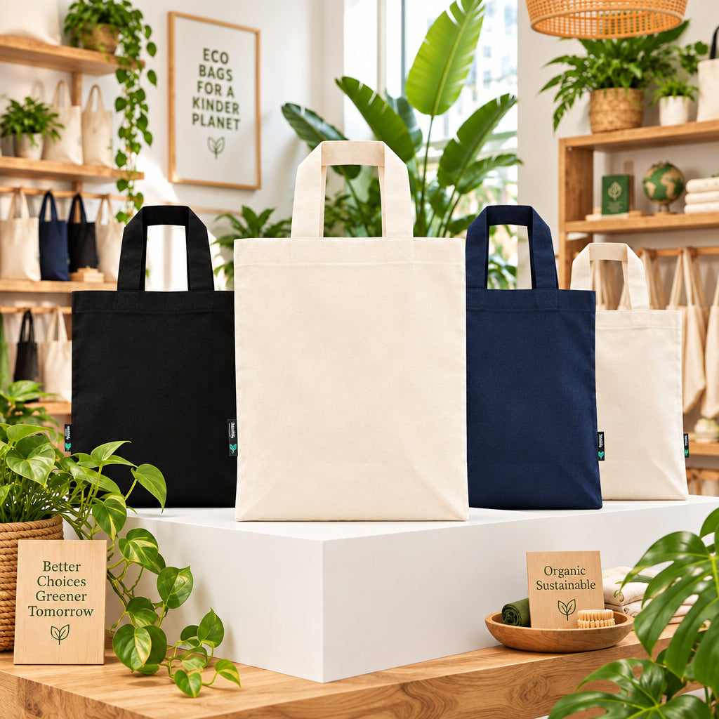 Natural-colour Fairtrade Organic Twill Grocery Bag displayed alongside black and navy bags in a plant-filled shop setting