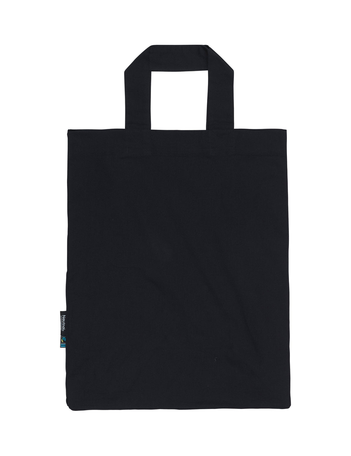 Black Fairtrade Organic Twill Grocery Bag with short handles and side labels on a white background