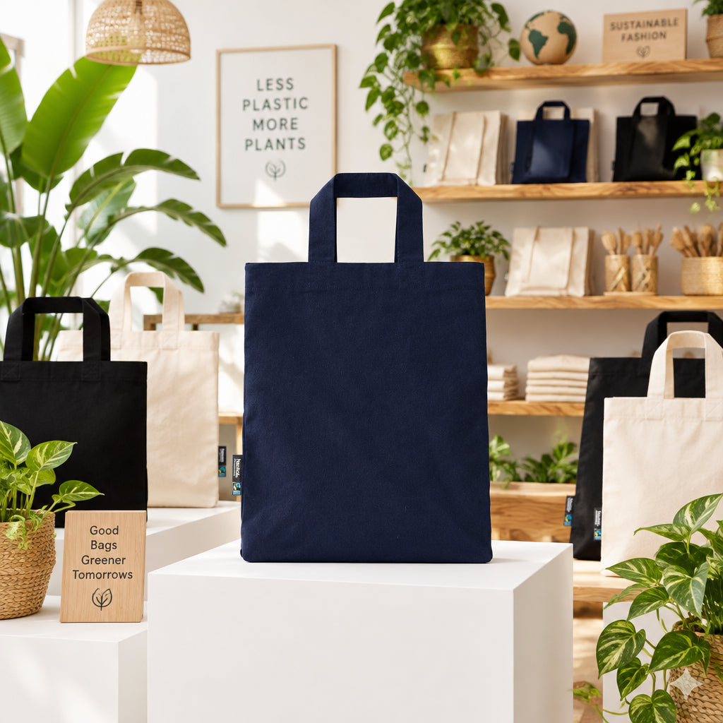 Navy Fairtrade Organic Twill Grocery Bag displayed among black and natural-colour bags in a plant-filled shop setting