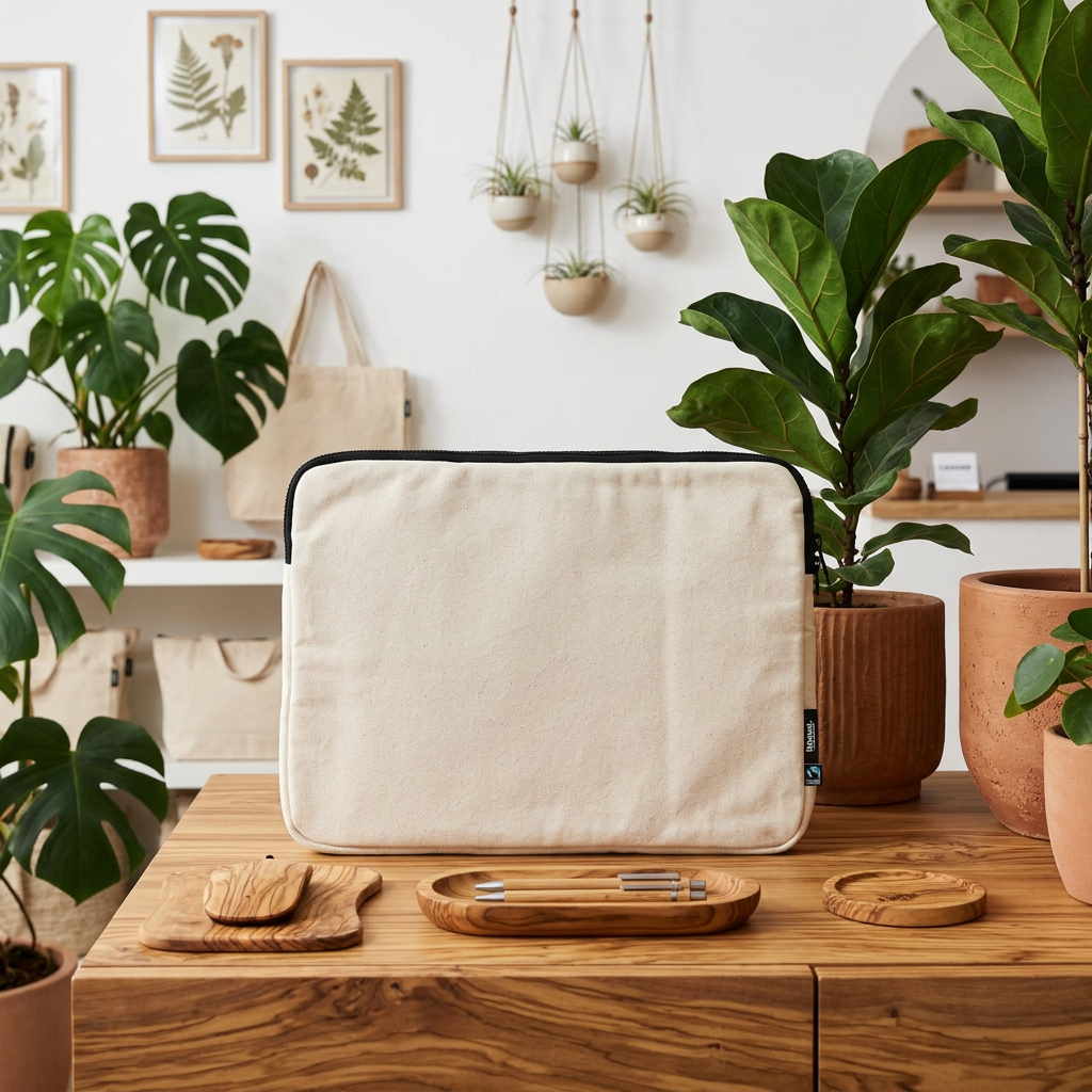 Nature-coloured Neutral laptop sleeve standing on a wooden cabinet beside potted plants