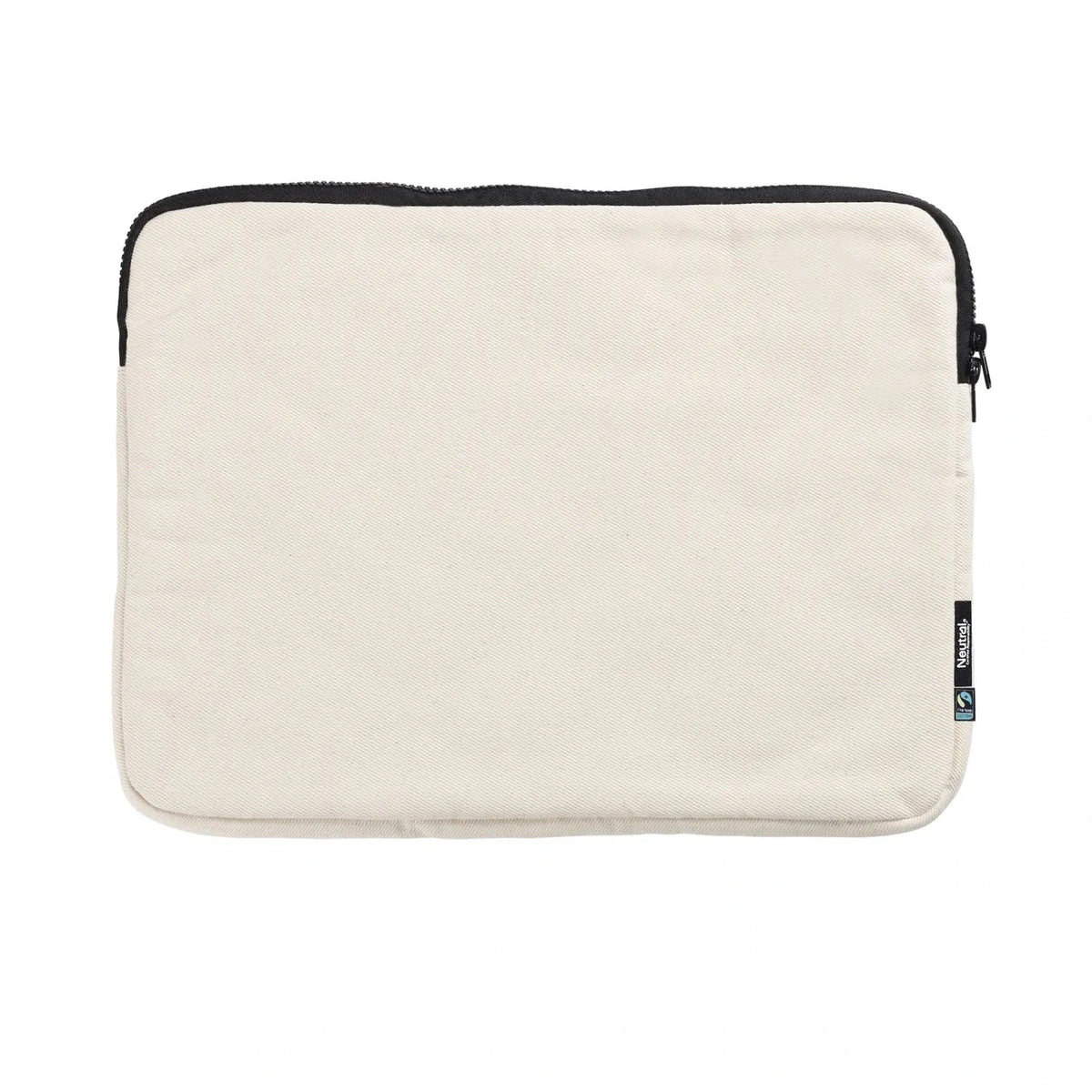 Natural coloured laptop sleeve with black zipper on a white background