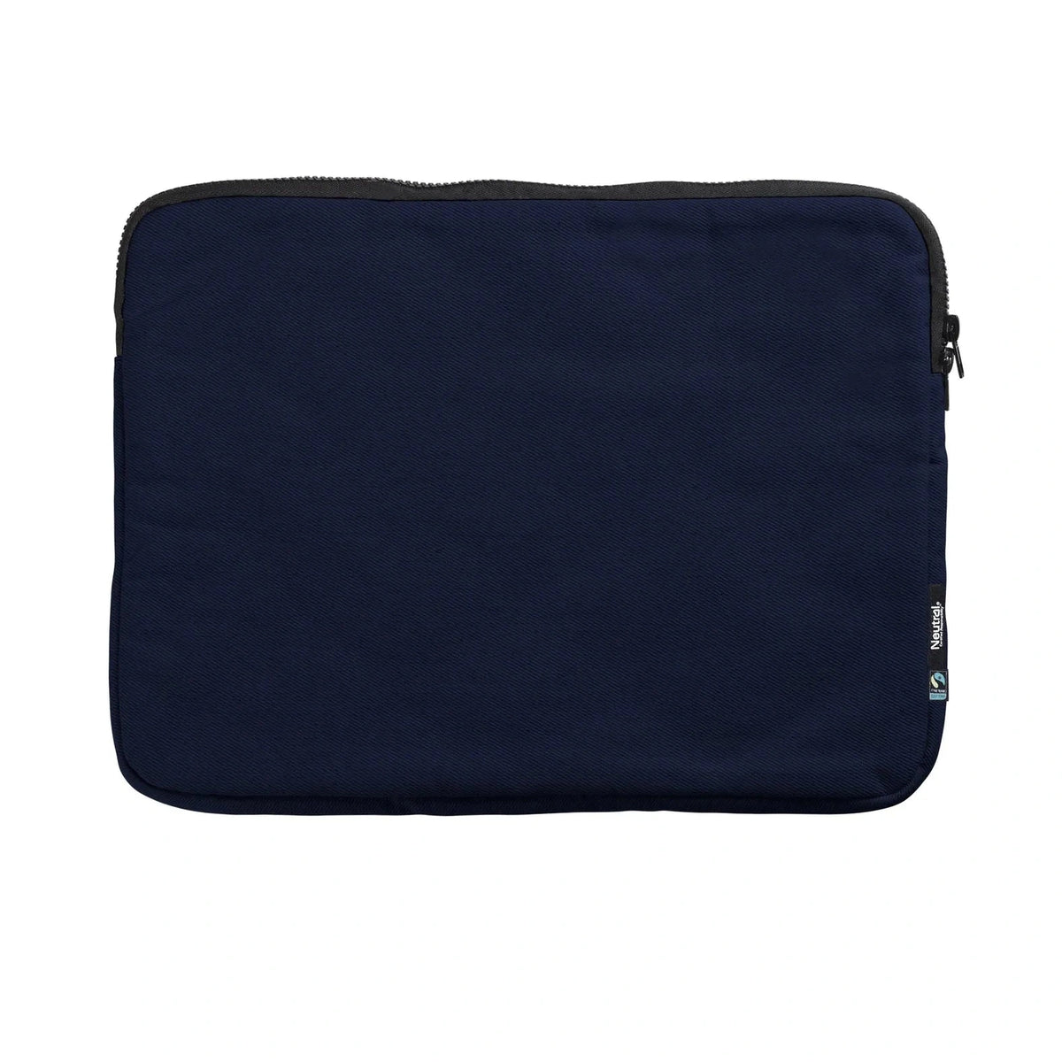 Navy blue laptop sleeve with a brand logo on a white background