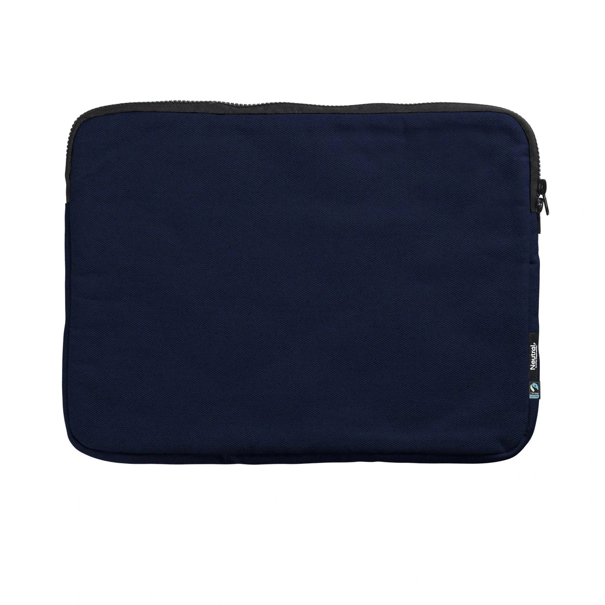 Navy blue laptop sleeve with a brand logo on a white background