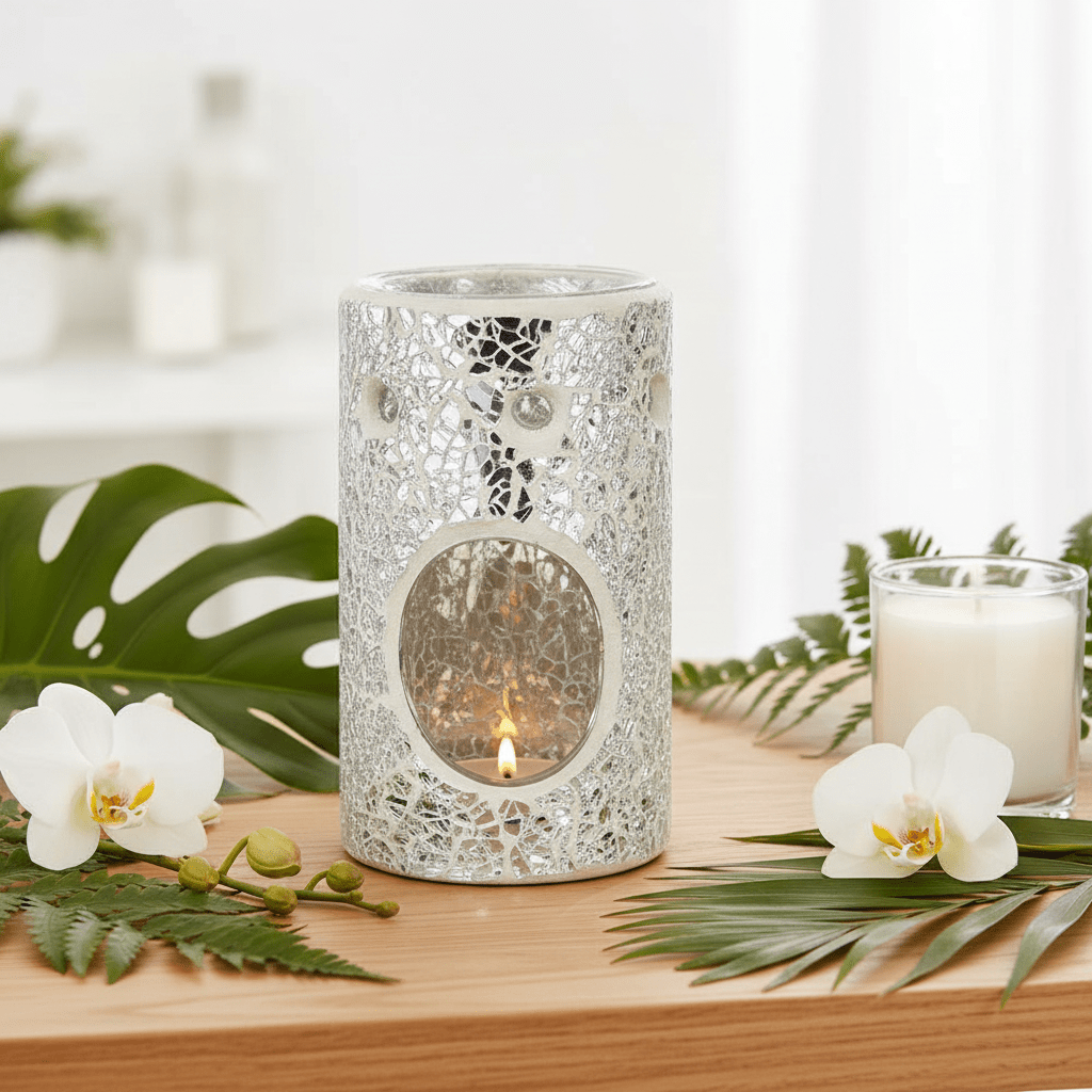 Decorative candle holder with a lit candle on a wooden surface surrounded by green leaves and white flowers.