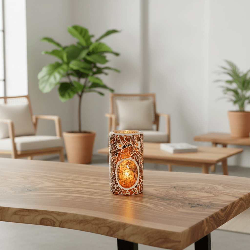 Decorative candle holder on a wooden table with a blurred indoor setting