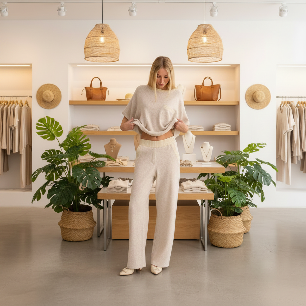 A woman stands in a boutique wearing a cream knit top and matching wide-leg pants, holding up the top slightly to show the fit. The store has warm wood shelving, woven pendant lights, potted green plants, and racks of clothing in neutral tones.