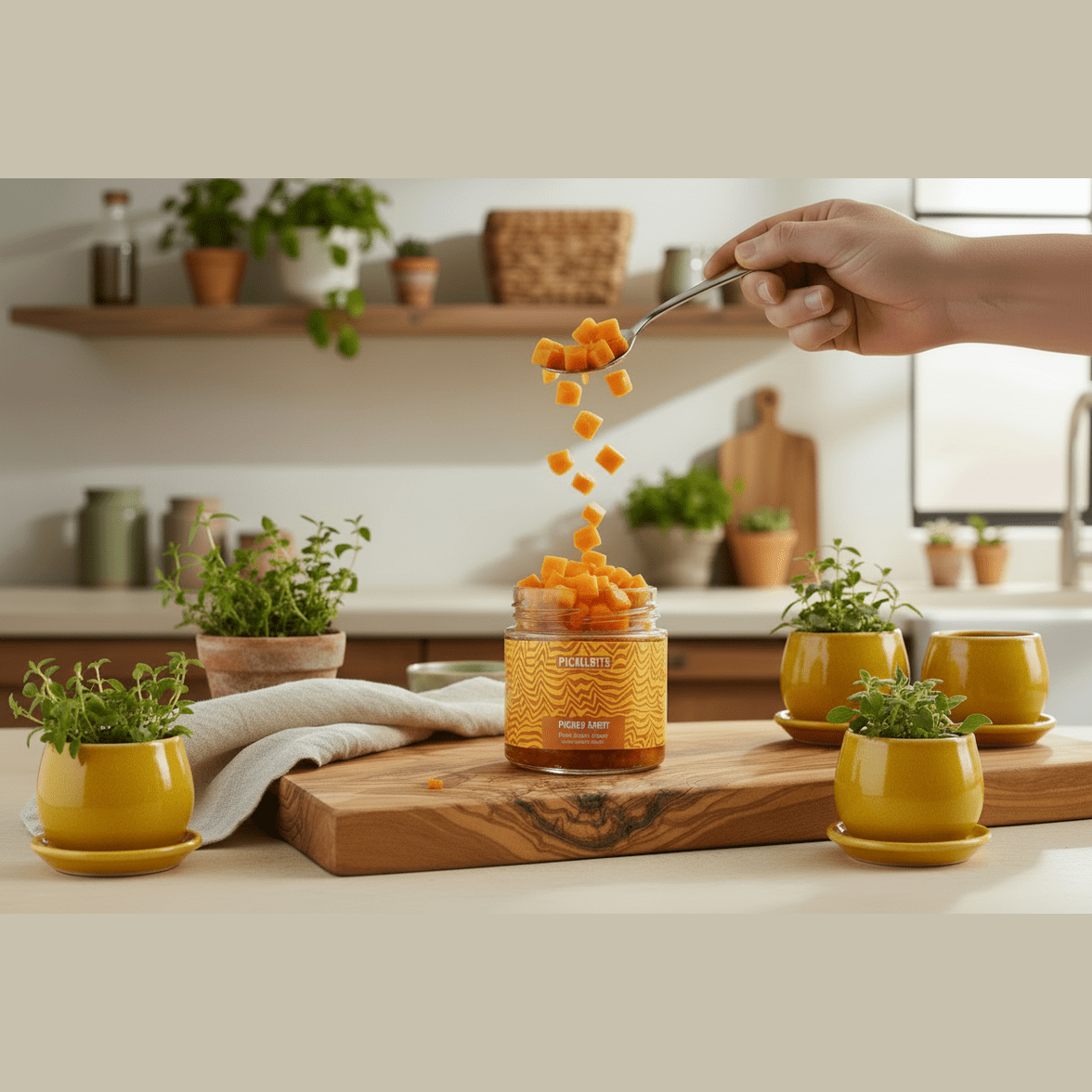 Person pouring chopped pickles from a jar with a spoon in a kitchen setting