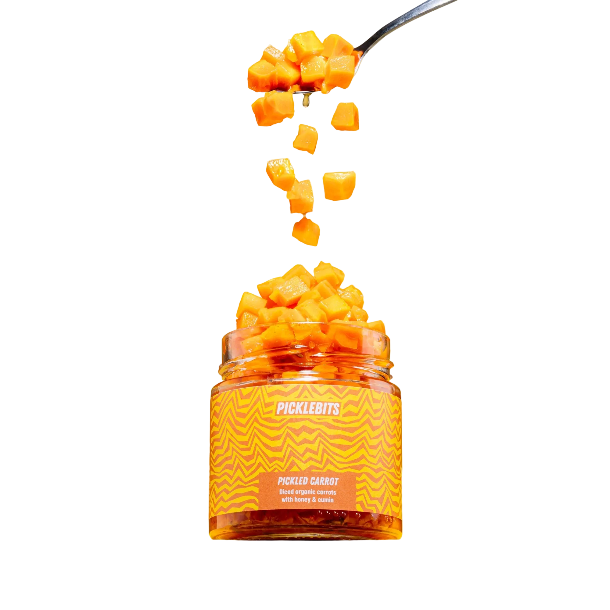 Jar of Picklebits with a spoonful being poured over it on a white background