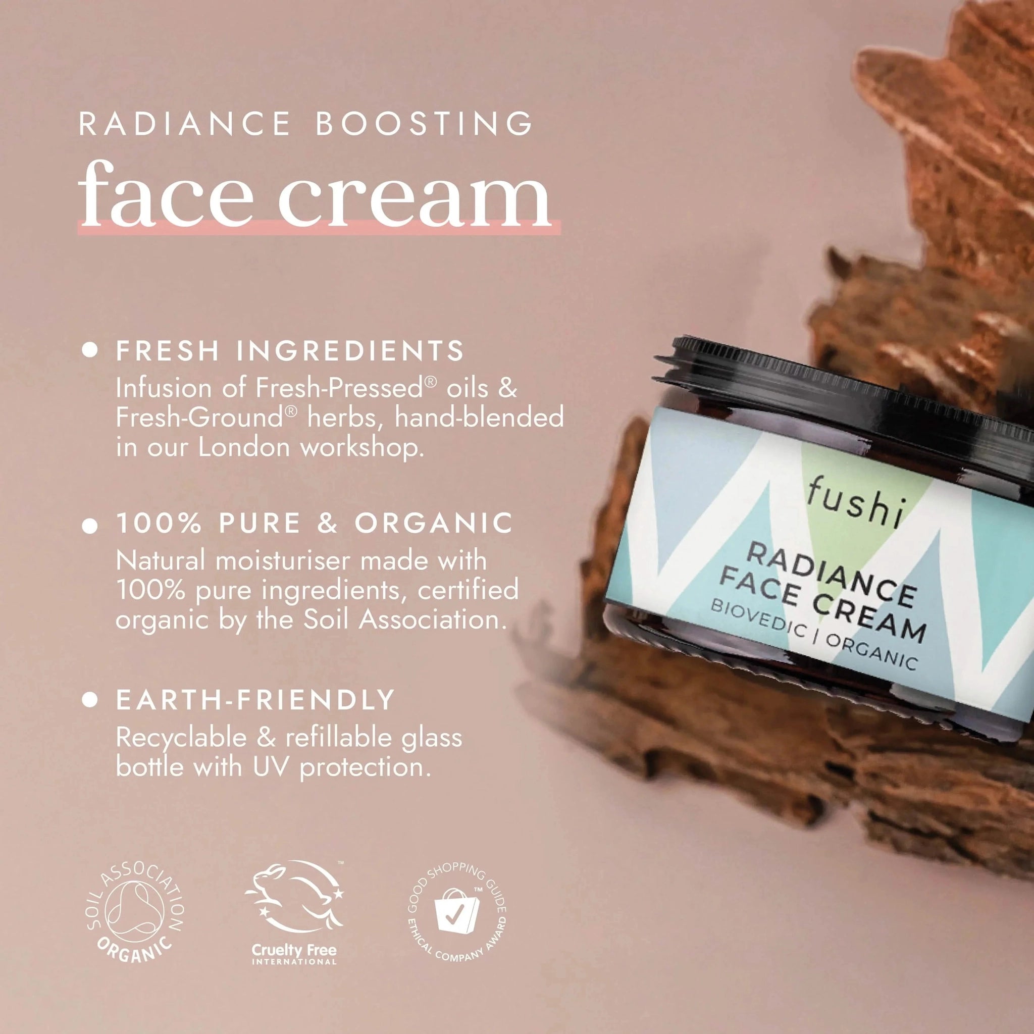 Fushi Radiance Face Cream with branding and product details on a neutral background