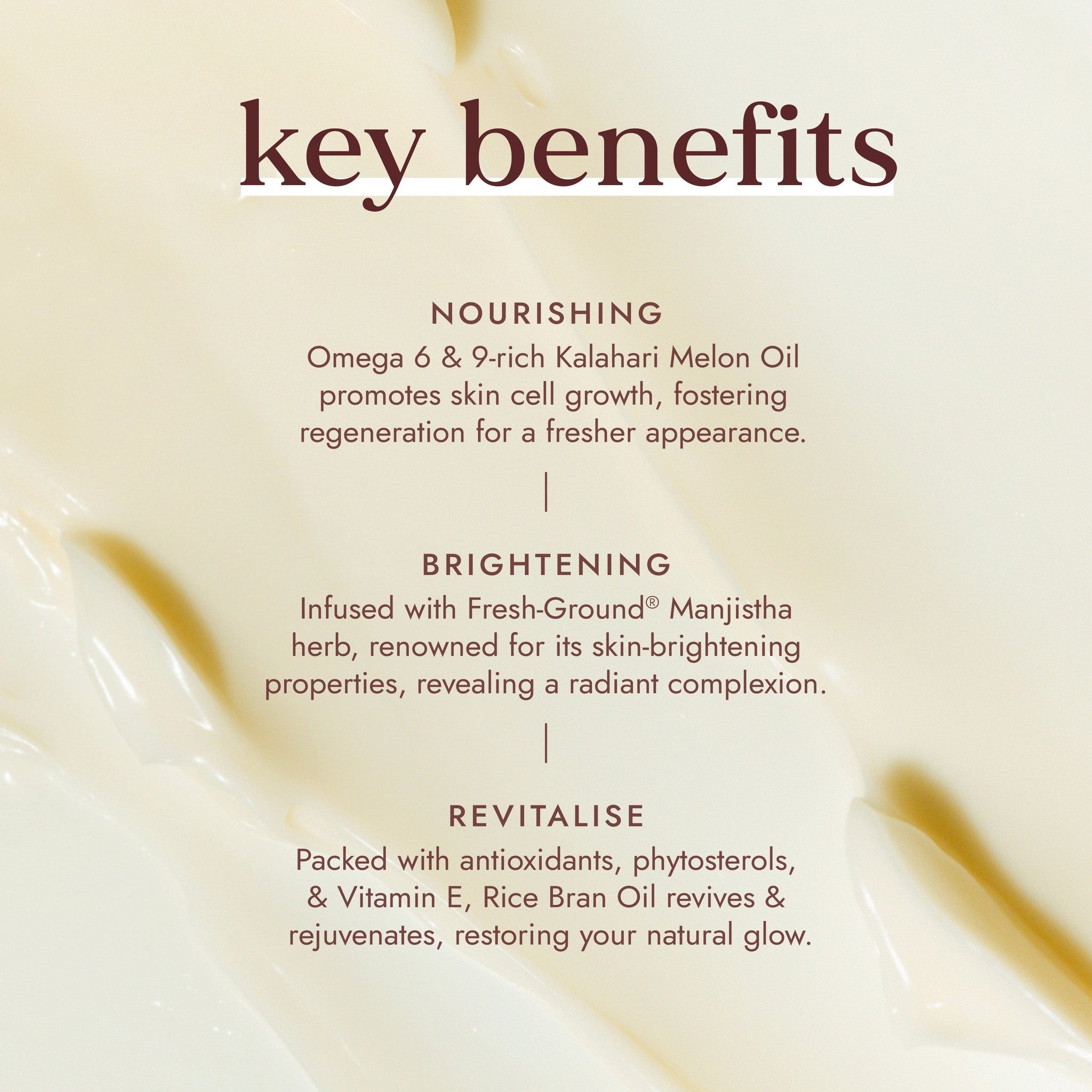 Key benefits of a skincare product with text on a beige background