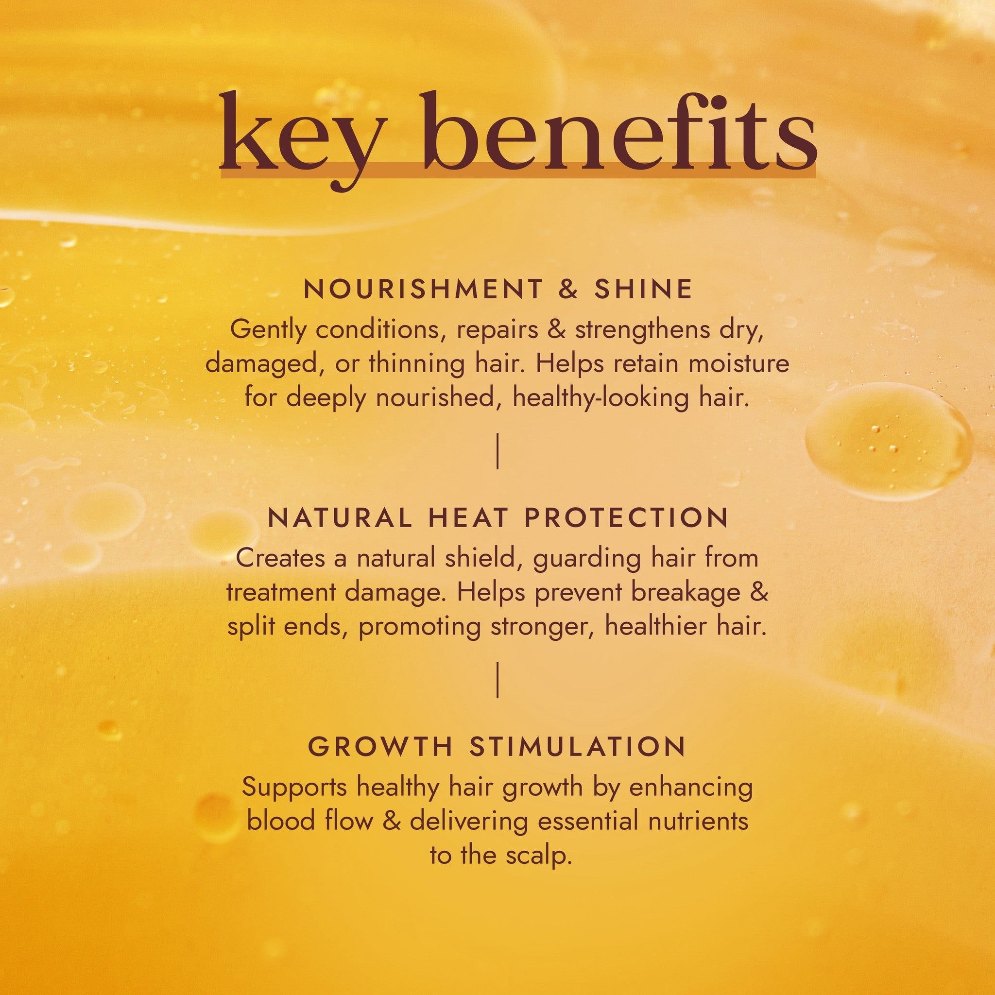 Key benefits of a hair care product on an orange background with text.