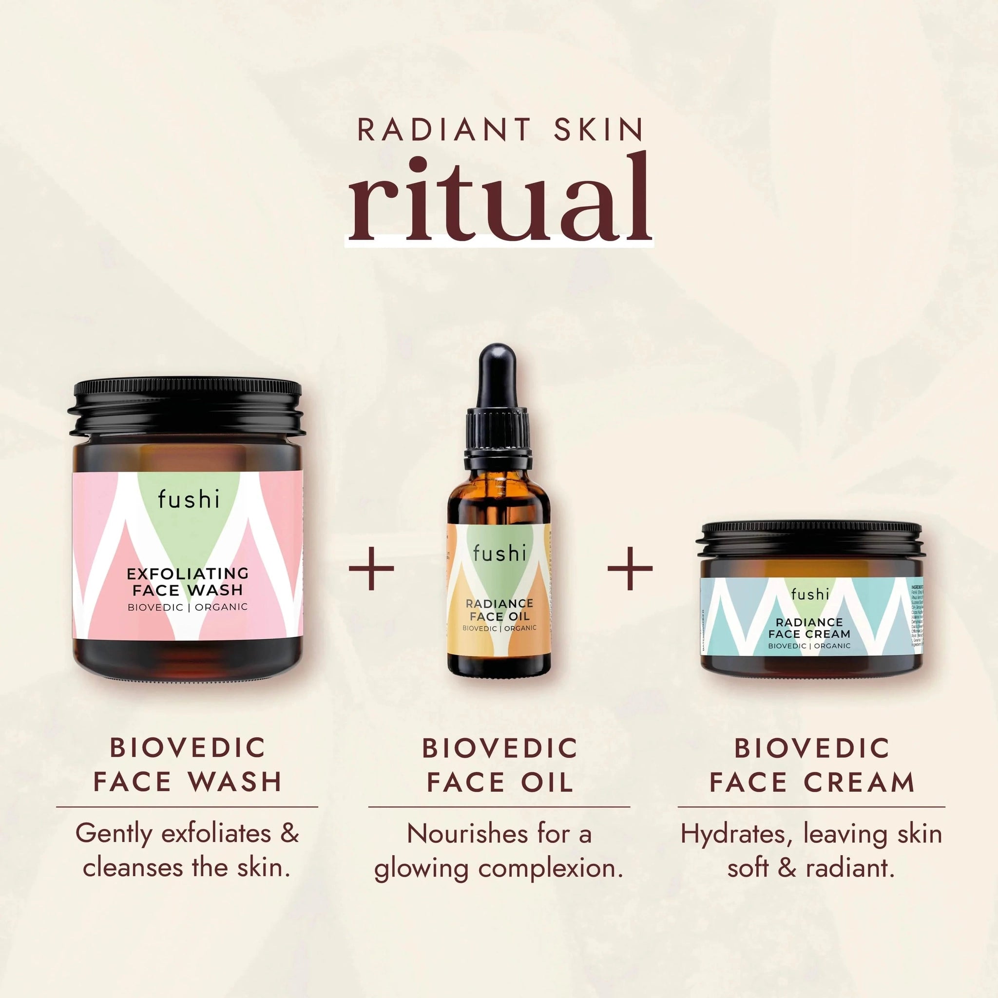 Fushi Radiant Skin Ritual set with face wash, oil, and cream on a light background