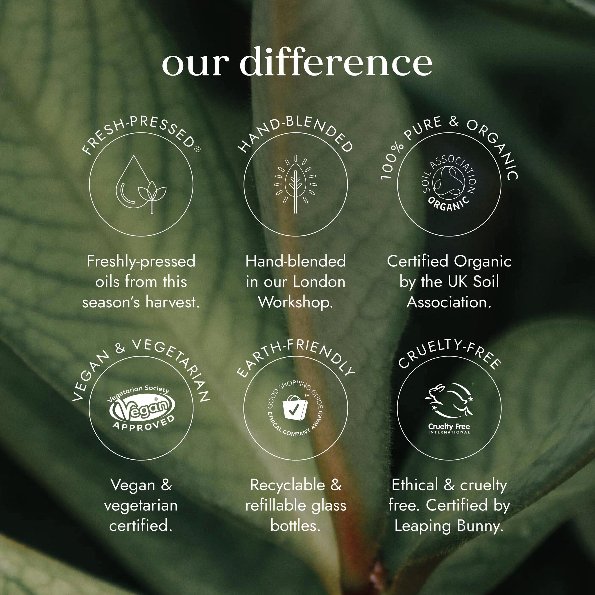 Green leafy background with certification logos and text about product features.