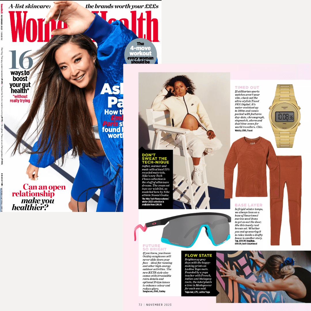 Magazine spread with a woman in a blue jacket, fashion items, and text on a white background.