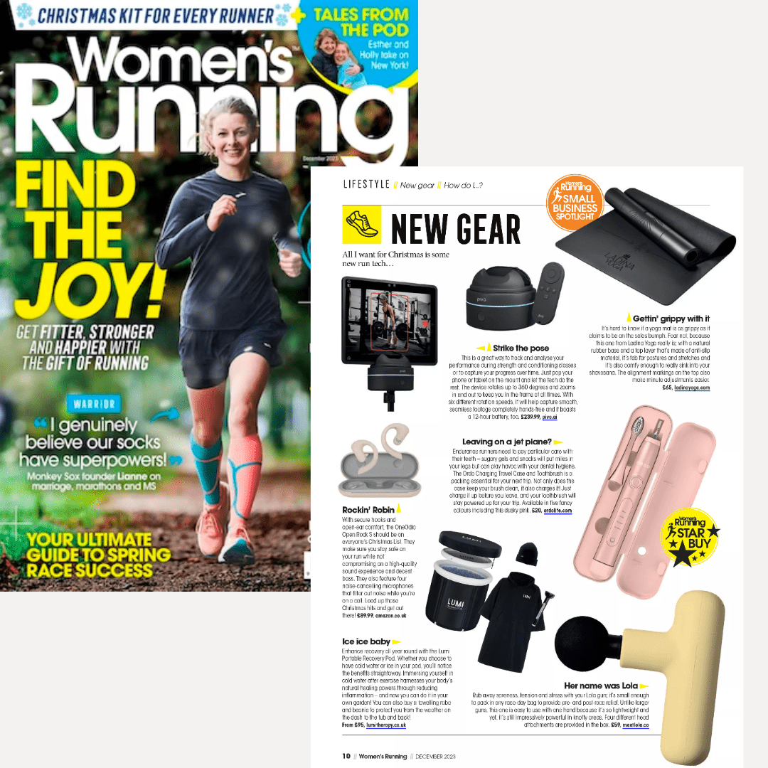 Magazine cover of 'Women's Running' with a runner and running gear features.