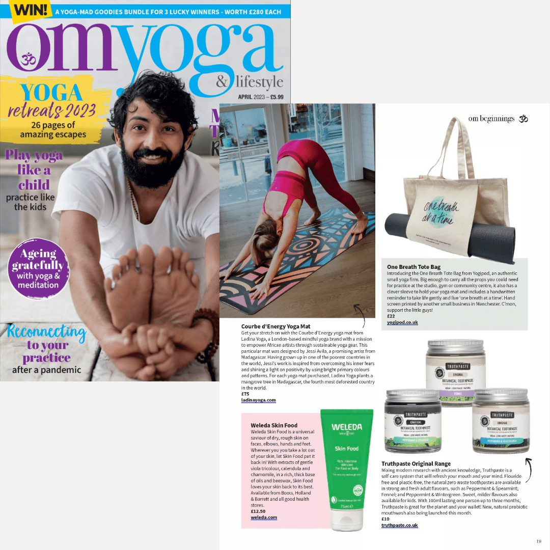 Magazine spread featuring a yoga-themed layout with text and images of people practicing yoga.