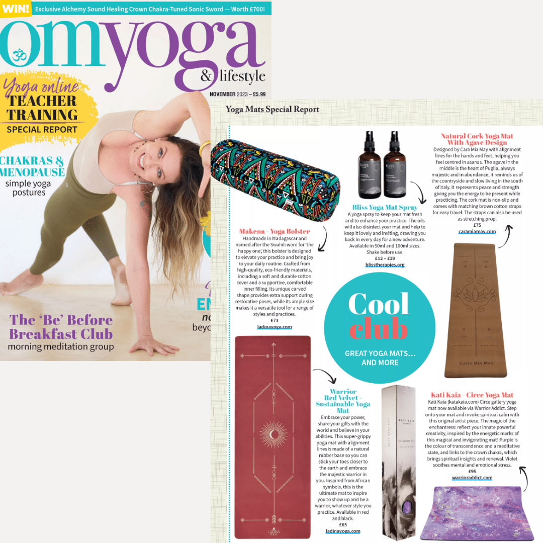Magazine spread featuring yoga mats and related products with a woman in a yoga pose.