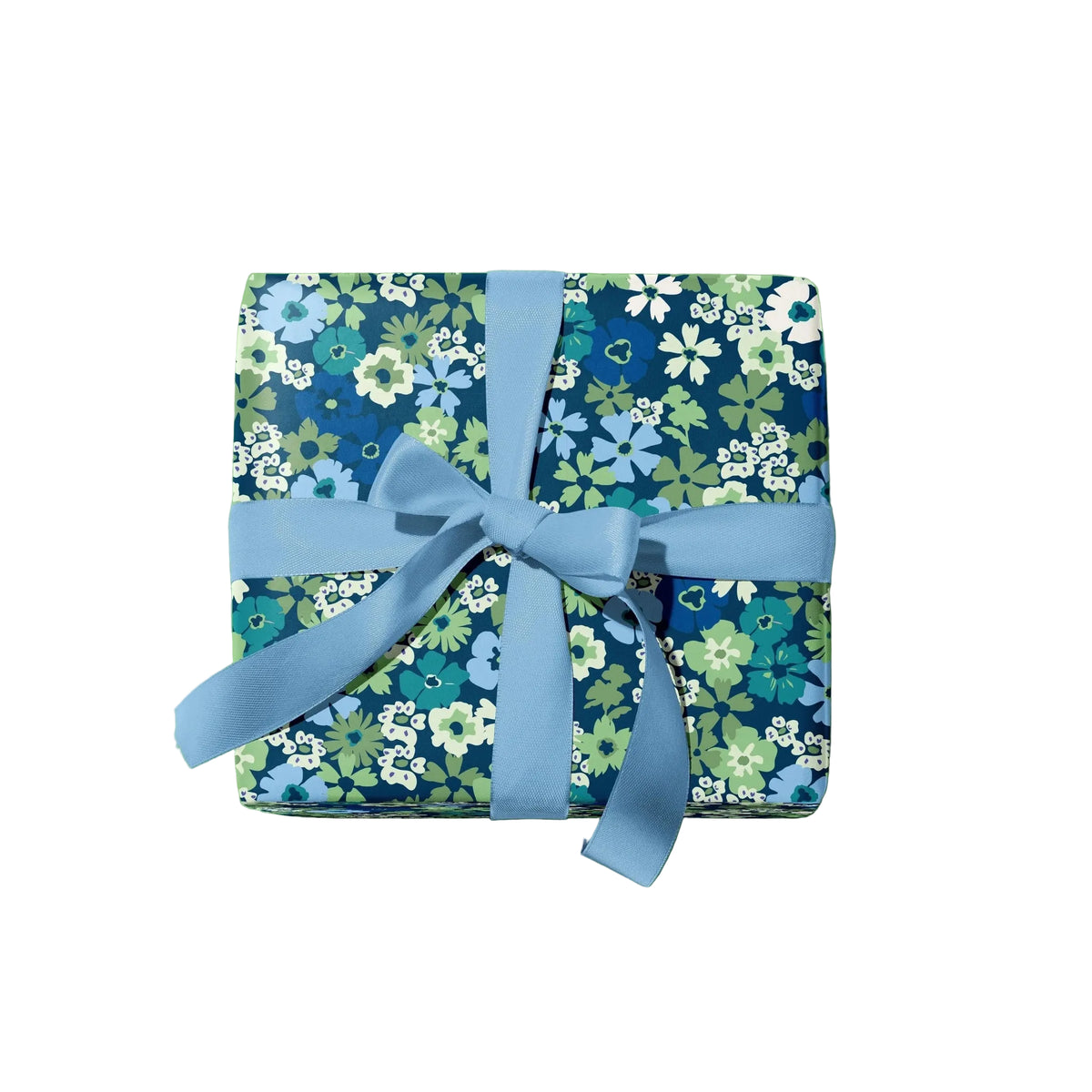 A square gift box wrapped in blue floral paper with a light blue ribbon tied in a bow, shown on a plain white background.