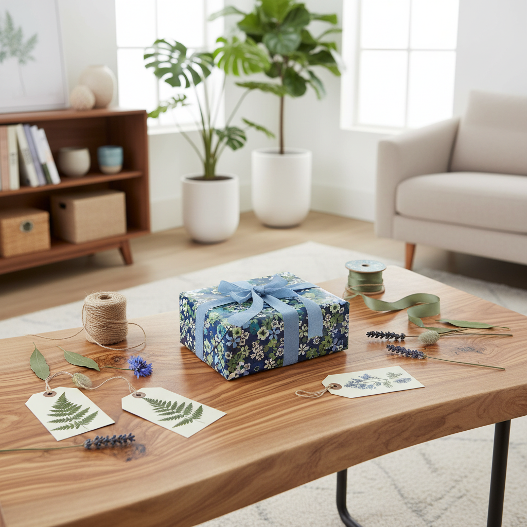 A wrapped gift box with a blue floral pattern and a matching blue ribbon sits on a wooden table in a bright, modern living room. The scene includes botanical tags, twine, and greenery, with a sofa and potted plants in the background.