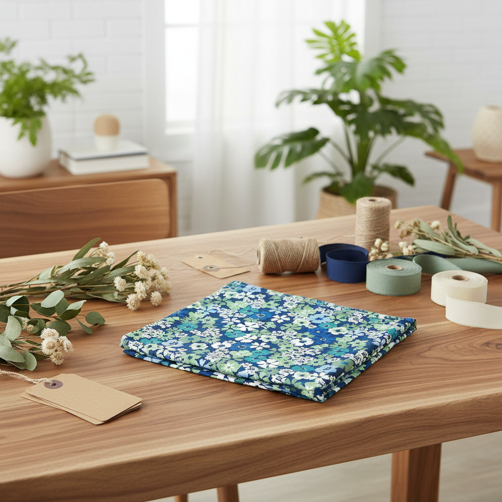 A folded sheet of floral giftwrap with a blue, green, and white floral pattern sits on a wooden table, surrounded by crafting supplies like twine, tape, and tags, with a bright, plant-filled room in the background.