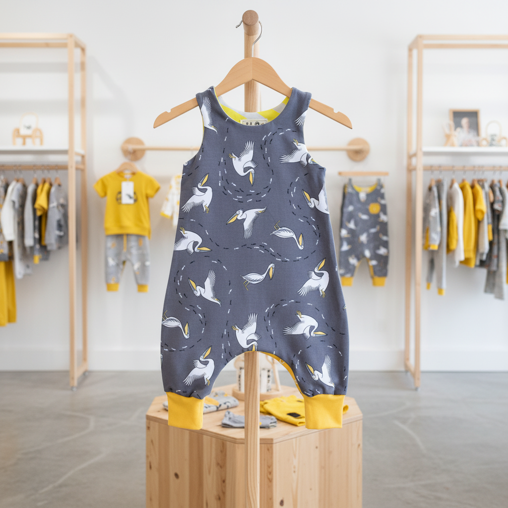 Baby romper with bird pattern on a wooden stand in a store setting
