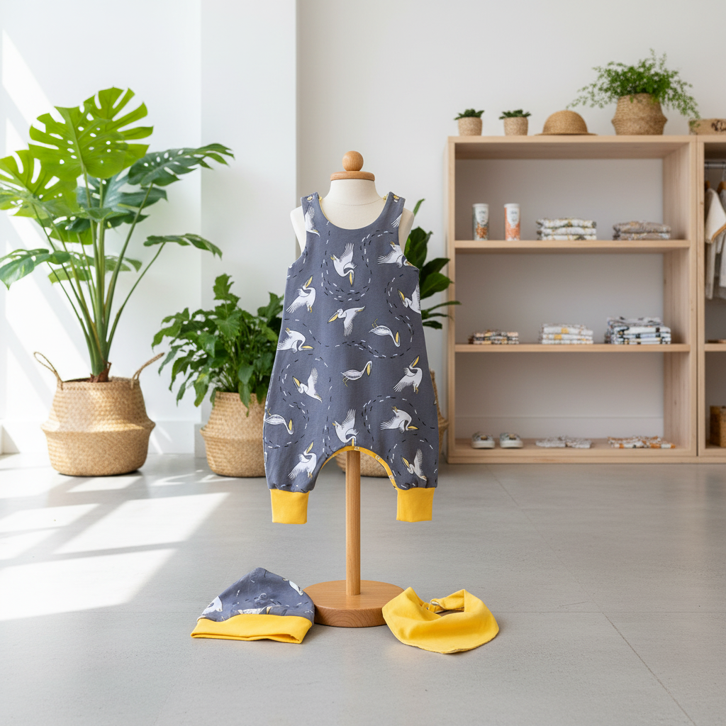 Children's romper suit with a bird pattern on a mannequin in a bright room with plants and shelves.