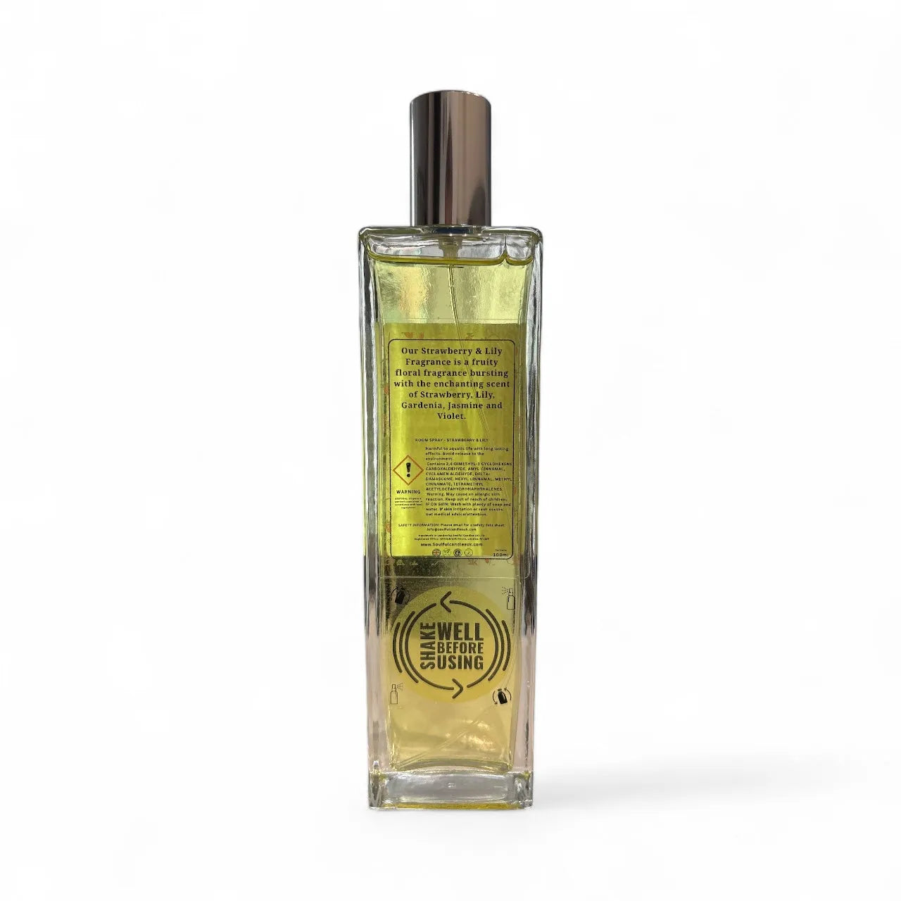 Perfume bottle with a label on a white background
