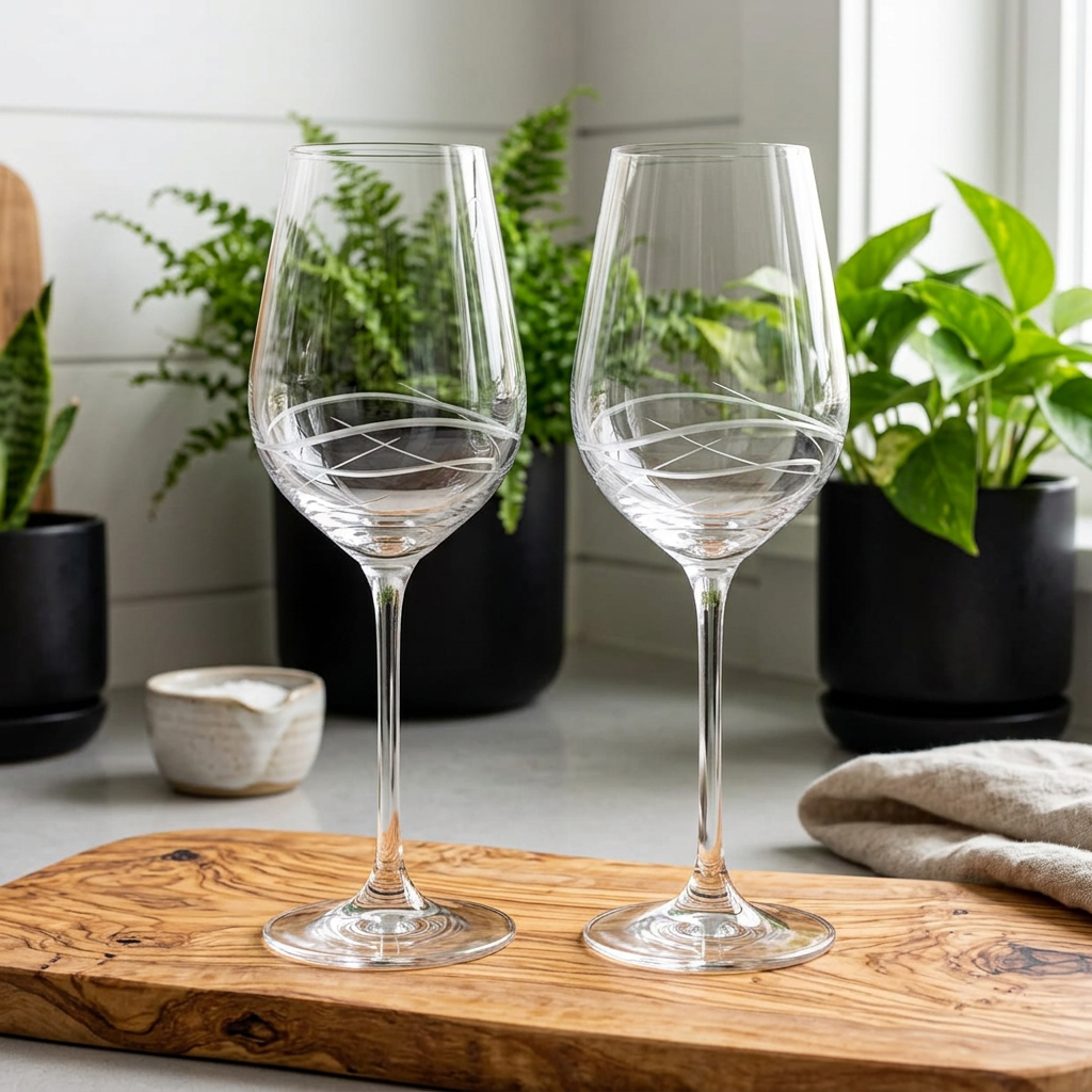 Two Venice wine glasses with curved decorative lines on a wooden board in a bright kitchen.”