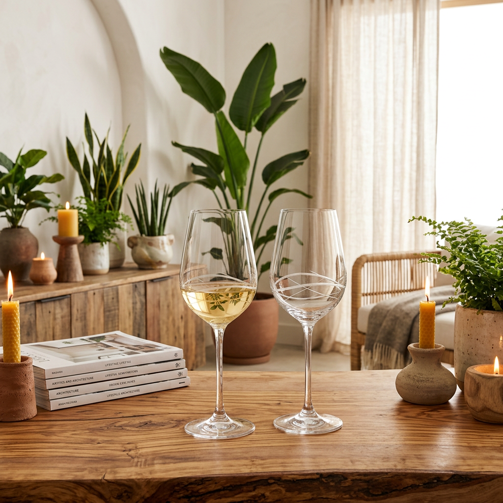 Two Venice wine glasses, one filled with white wine, on a wooden table with candles and houseplants