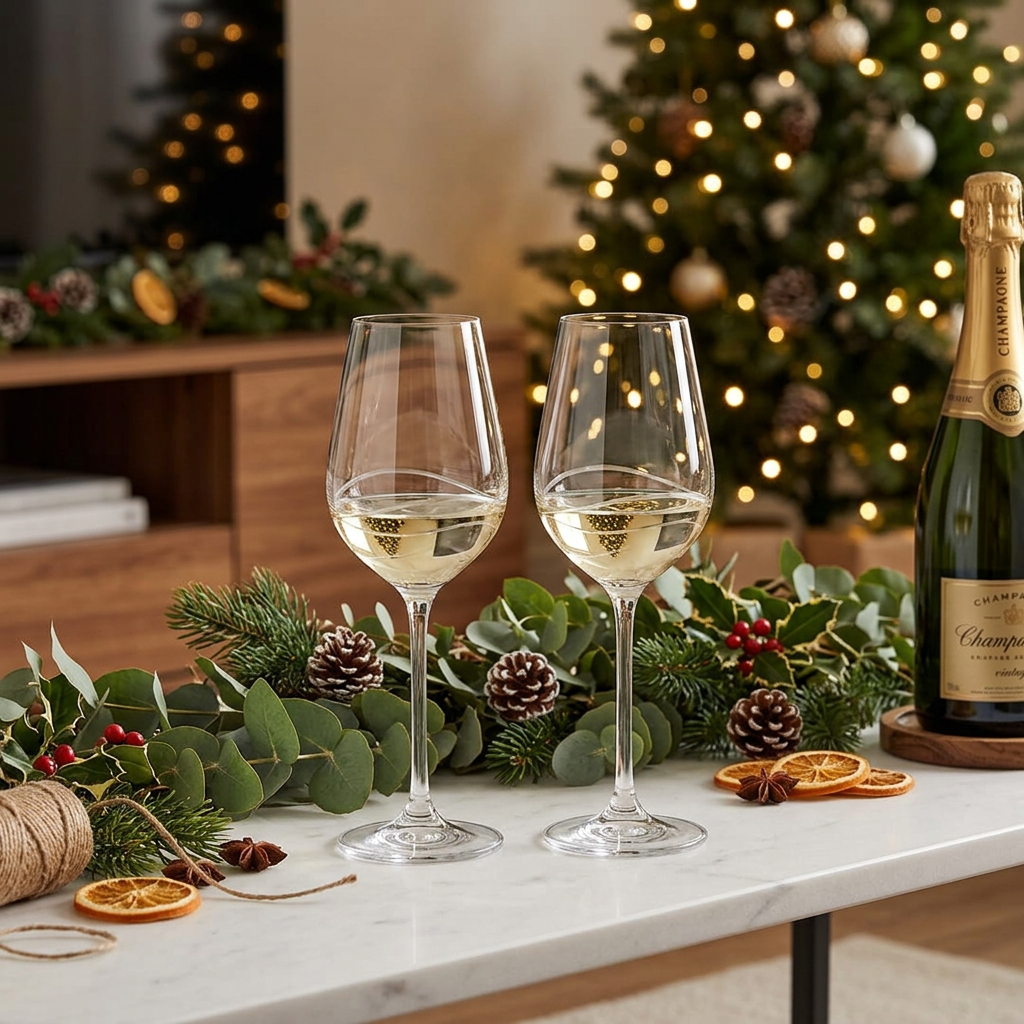 Two clear wine glasses filled with white wine on a white marble table, surrounded by holiday greenery, pinecones, dried orange slices, and a champagne bottle in a warmly lit living room with a Christmas tree in the background.