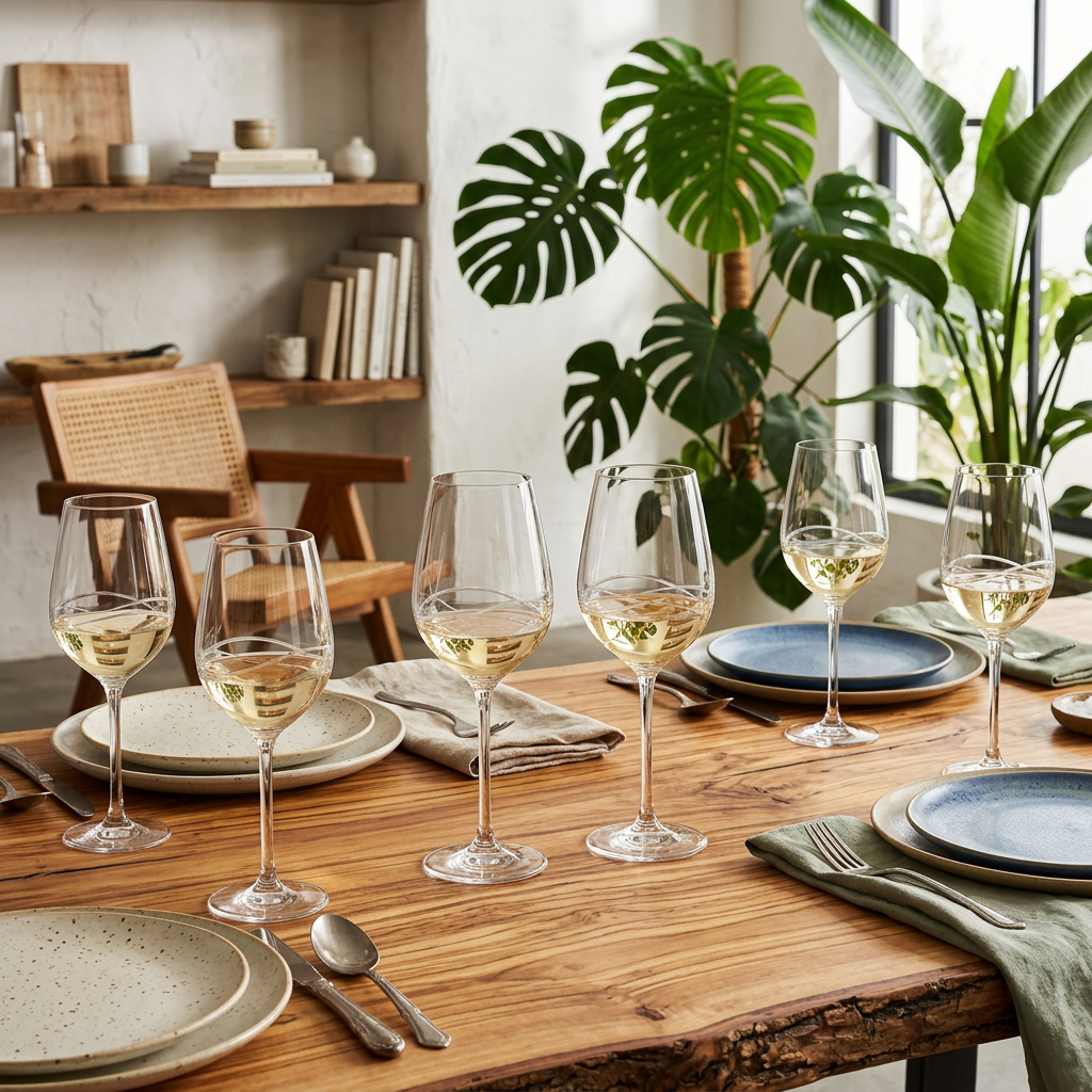 A dining table set with multiple clear wine glasses filled with white wine, blue plates, beige speckled plates, folded green napkins, and silver cutlery in a bright, modern room with large green plants.