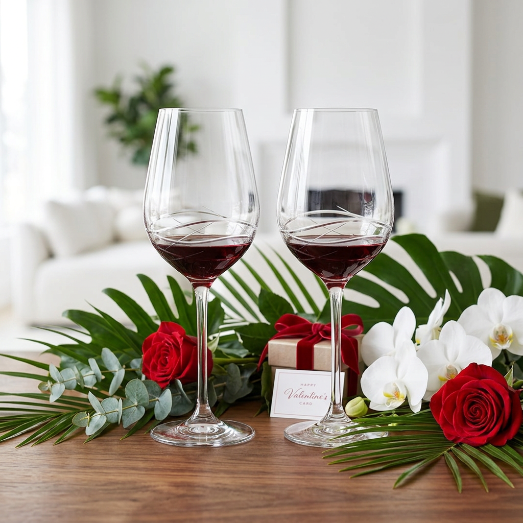 Two Venice wine glasses filled with red wine beside roses, orchids and a wrapped present