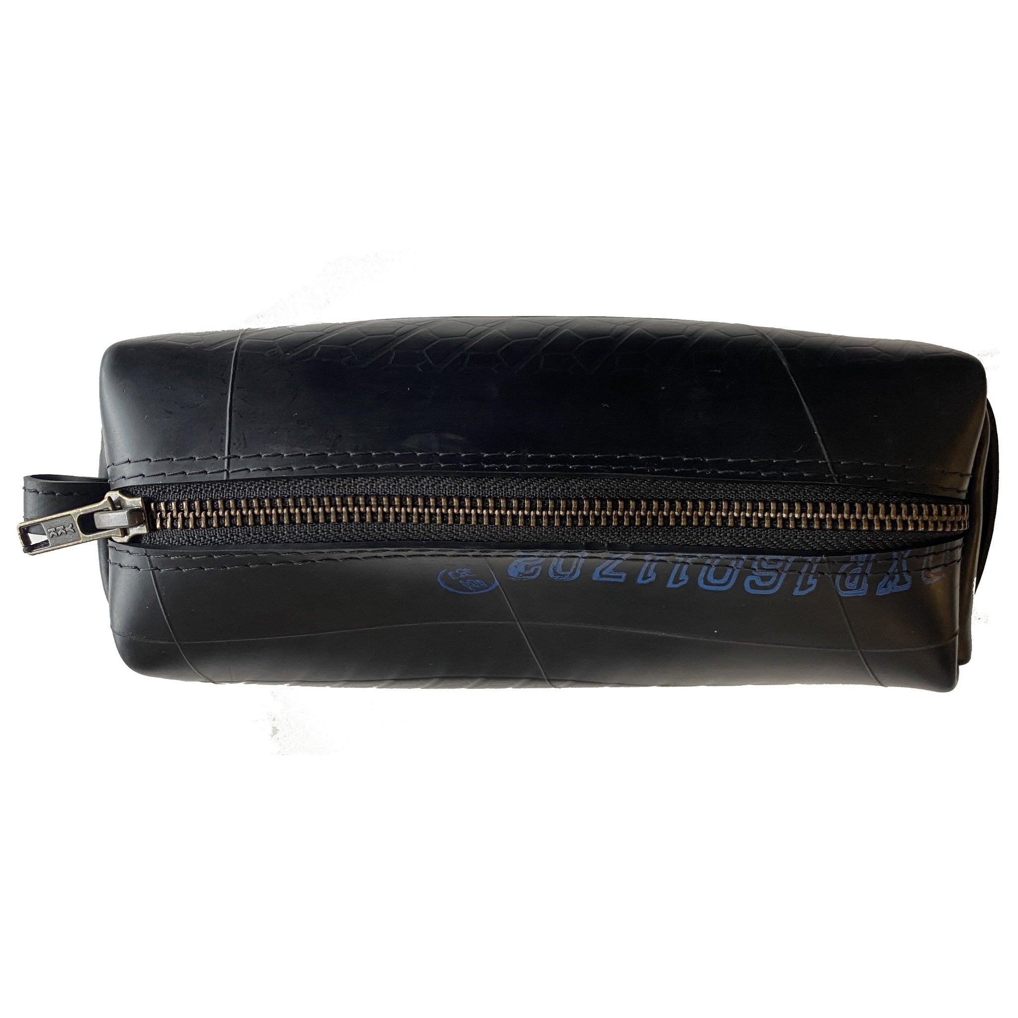 Black recycled rubber pencil case with a zipper on a white background
